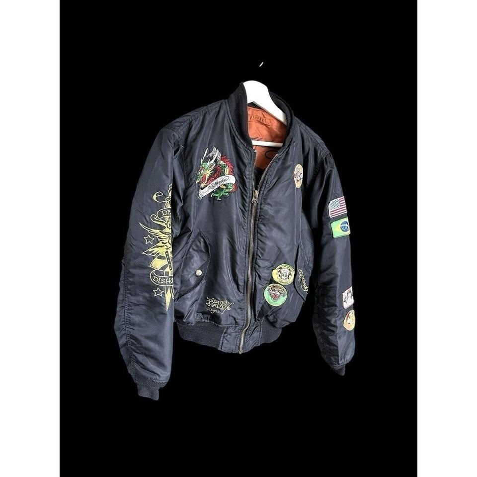 90's Vintage Ed Hardy Embroidery Patch Bomber Med Black Y2k Christian Audigier